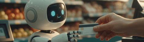 Una mano entrega una tarjeta de crédito a un pequeño robot asistente en la caja de un supermercado