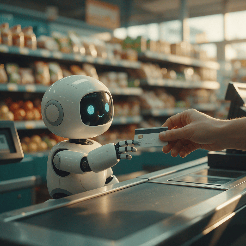 Una mano entrega una tarjeta de crédito a un pequeño robot asistente en la caja de un supermercado