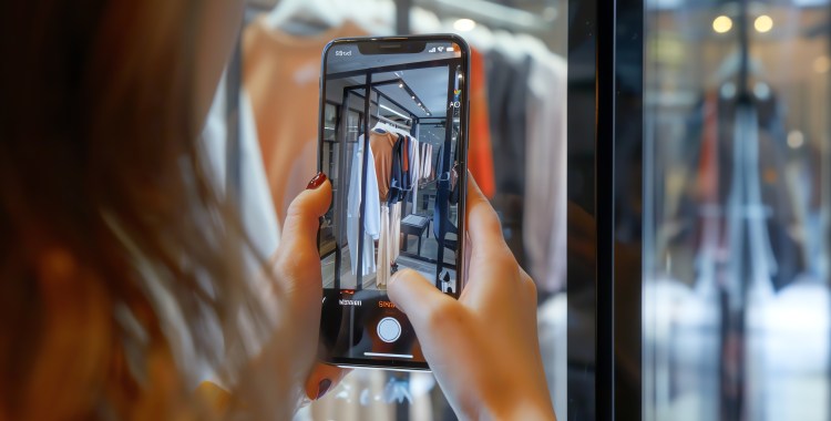 Mujer fotografiando con el móvil el escaparate de una tienda de ropa