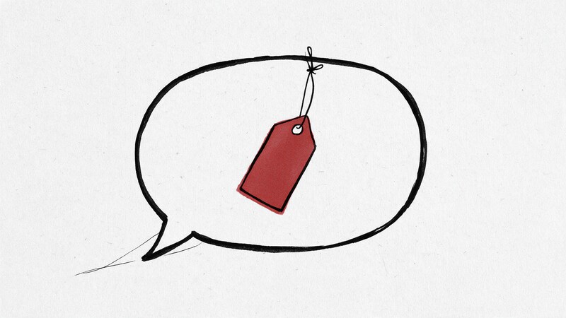 Ilustración en blanco y negro de un bocadillo de chat del que cuelga una etiqueta de precio roja