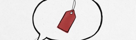 Ilustración en blanco y negro de un bocadillo de chat del que cuelga una etiqueta de precio roja