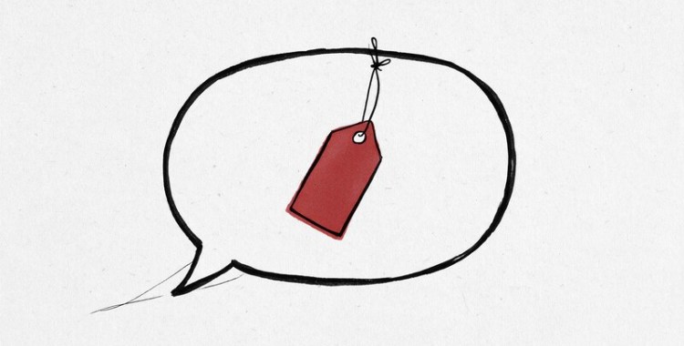 Ilustración en blanco y negro de un bocadillo de chat del que cuelga una etiqueta de precio roja
