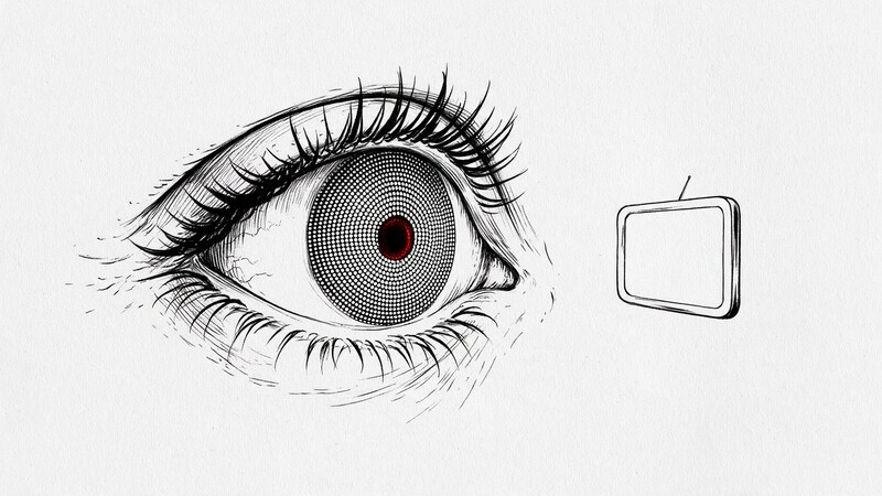 Ilustración en blanco y negro de un ojo con el iris formado por píxeles y la pupila roja, mirando una pequeña pantalla