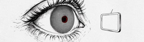 Ilustración en blanco y negro de un ojo con el iris formado por píxeles y la pupila roja, mirando una pequeña pantalla