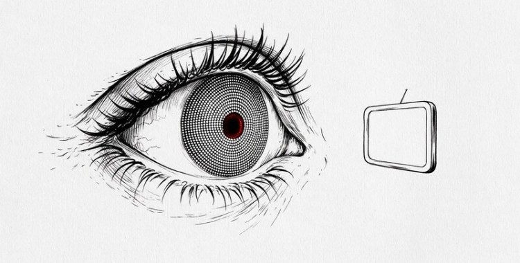 Ilustración en blanco y negro de un ojo con el iris formado por píxeles y la pupila roja, mirando una pequeña pantalla