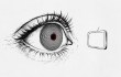 Ilustración en blanco y negro de un ojo con el iris formado por píxeles y la pupila roja, mirando una pequeña pantalla