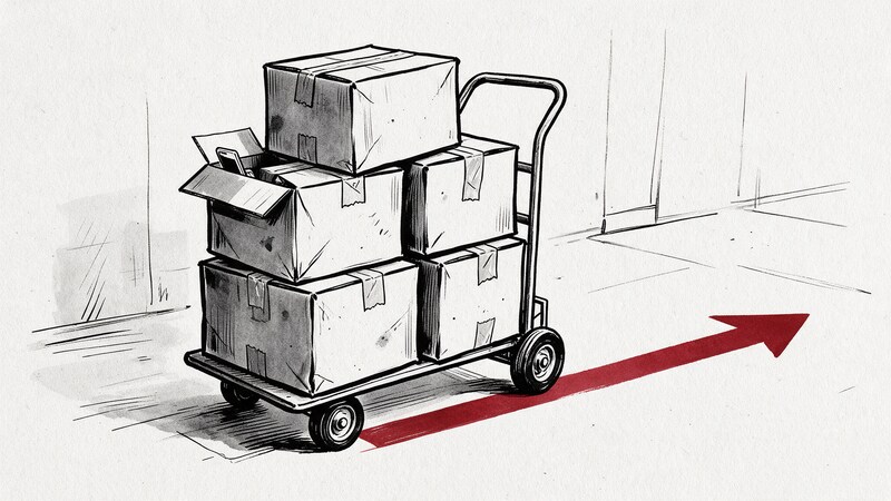 Ilustración en blanco y negro de cajas de mudanza apiladas en una carretilla, un móvil asomando de una caja y una flecha roja en el suelo