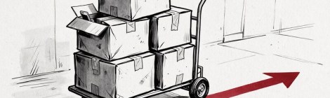 Ilustración en blanco y negro de cajas de mudanza apiladas en una carretilla, un móvil asomando de una caja y una flecha roja en el suelo