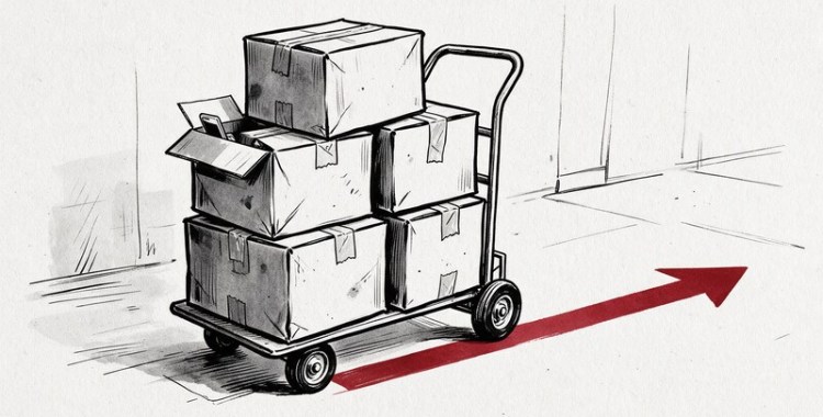 Ilustración en blanco y negro de cajas de mudanza apiladas en una carretilla, un móvil asomando de una caja y una flecha roja en el suelo
