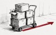 Ilustración en blanco y negro de cajas de mudanza apiladas en una carretilla, un móvil asomando de una caja y una flecha roja en el suelo