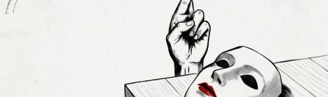 Ilustración en blanco y negro de una máscara de teatro con los labios rojos sobre una mesa y, detrás, una mano con los dedos cruzados