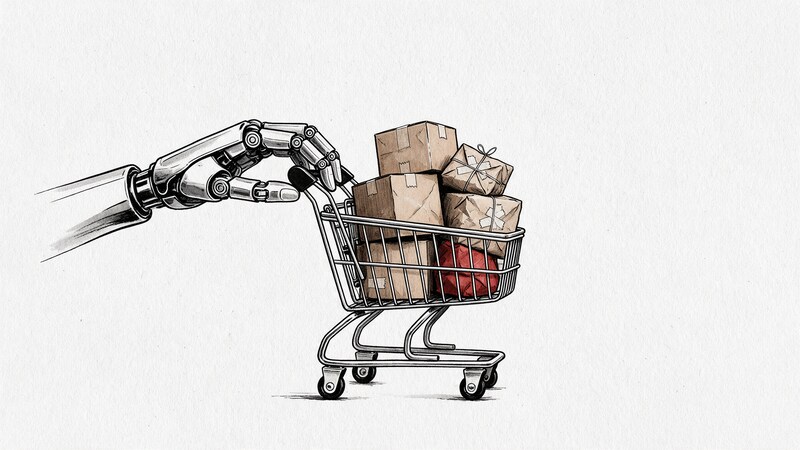 Ilustración en blanco y negro de una mano robótica empujando un carrito de la compra con paquetes, uno de ellos rojo
