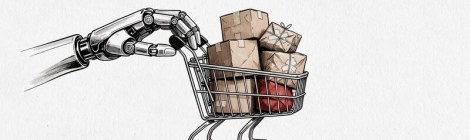 Ilustración en blanco y negro de una mano robótica empujando un carrito de la compra con paquetes, uno de ellos rojo