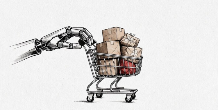 Ilustración en blanco y negro de una mano robótica empujando un carrito de la compra con paquetes, uno de ellos rojo