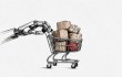 Ilustración en blanco y negro de una mano robótica empujando un carrito de la compra con paquetes, uno de ellos rojo