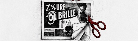 Ilustración en blanco y negro de un cartel publicitario en una pared, con unas tijeras rojas recortándolo por detrás